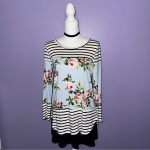 NEW BiBi Floral and Striped Long Sleeve Top